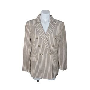 LOFT Double Breasted Button Up Striped Linen Blend Blazer Tan & White Size 8